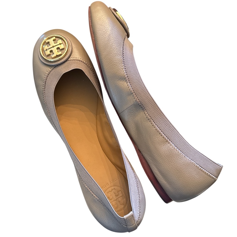 Title: Tory Burch Claire Ballet Flats Tan Gold Logo Elastic Size 9.5M Dust Bag